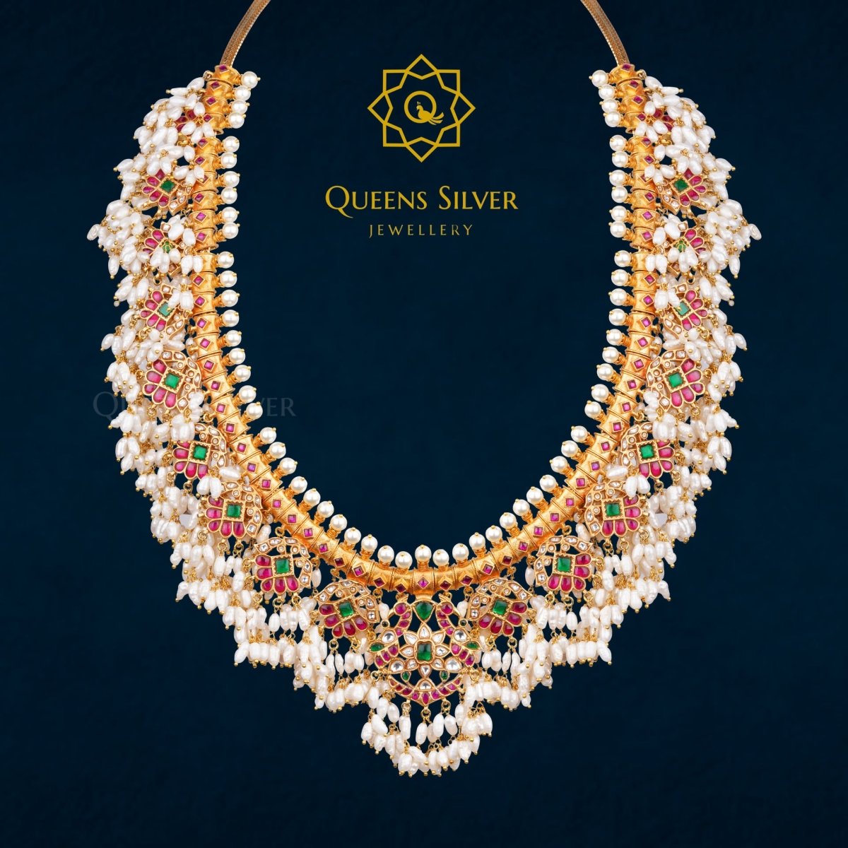 Kundan Buttapusalu Long Necklace QSKLN0007 - Queen Silver Jewellery