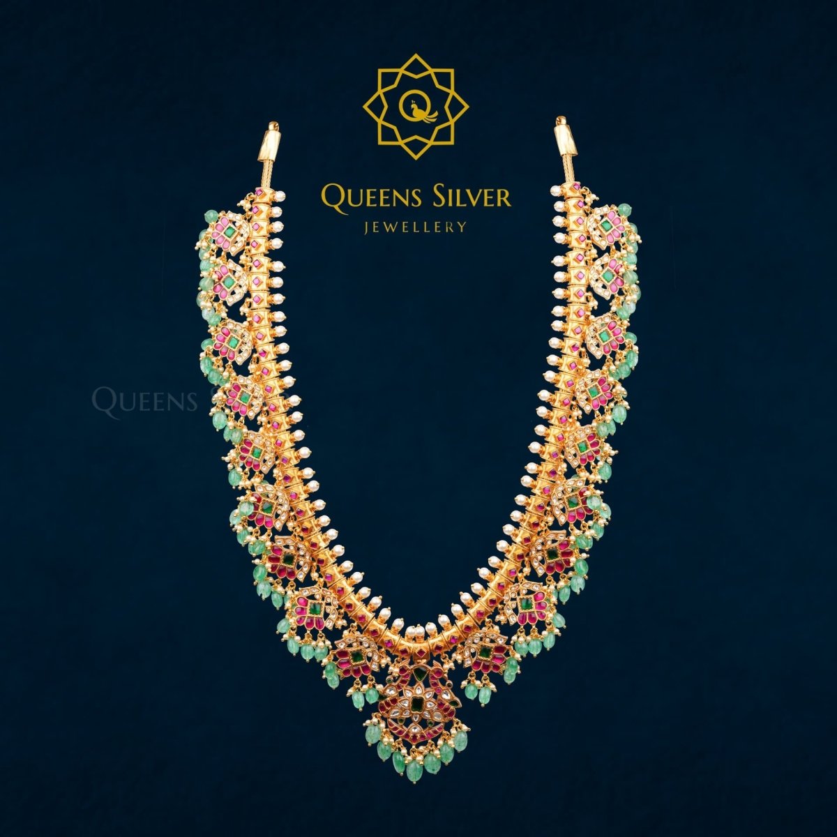 Kundan Buttapusalu Long Necklace QSKLN0001 - queens silver jewellery