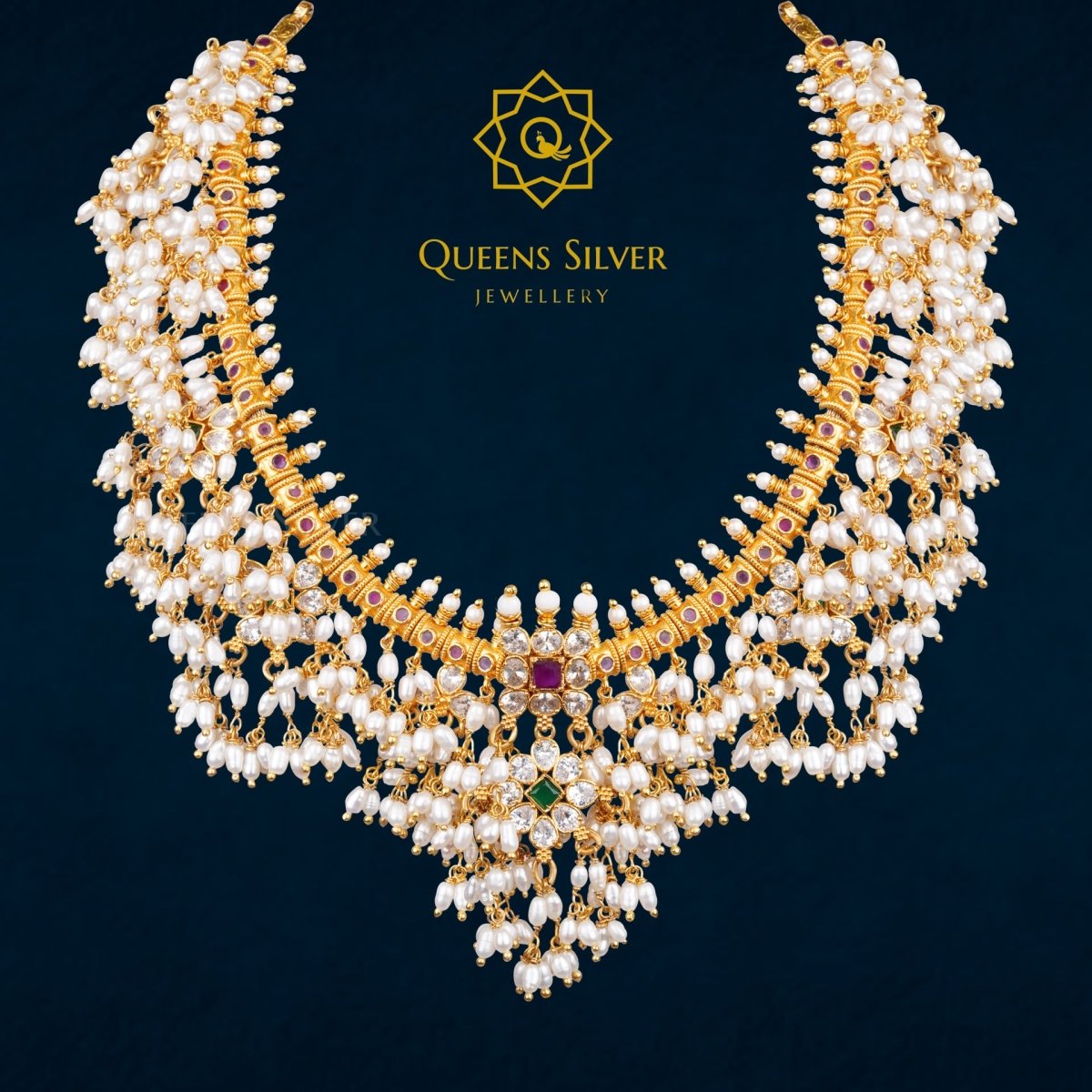 Kundan Buttapusalu Long Necklace QSKLN0004 - Queen Silver Jewellery