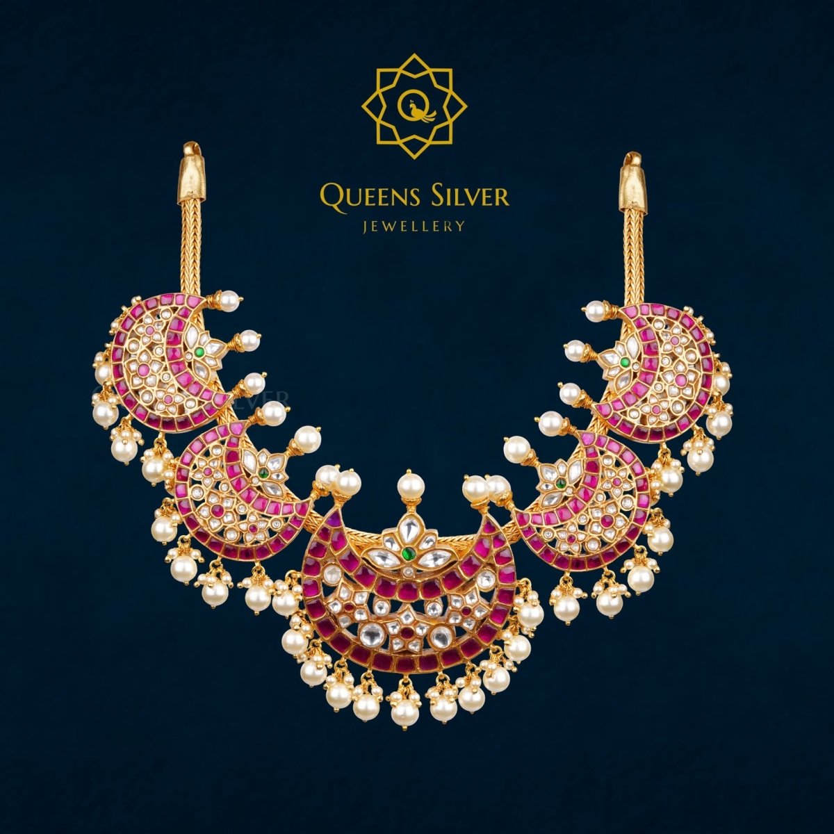 Kundan Chandballi Short Necklace QSKSN0002 - queens silver jewellery