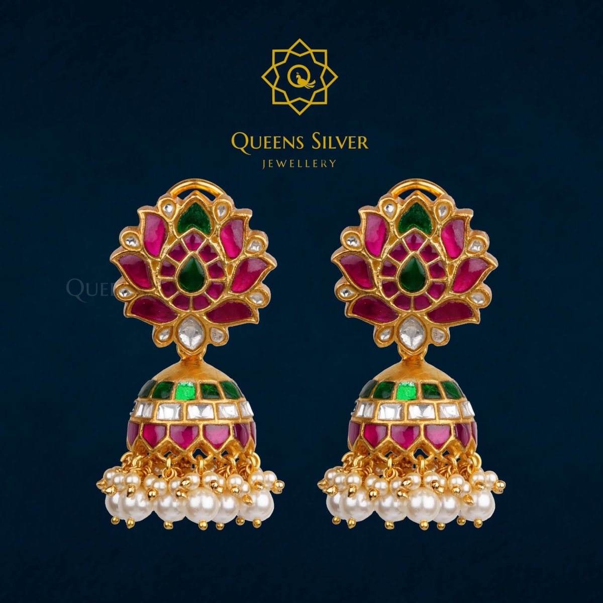 Kundan Jhumkas QSKJ0004 - queens silver jewellery