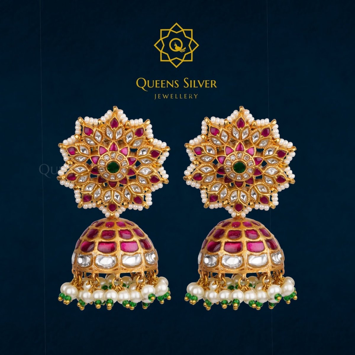 Kundan Jhumkas QSKJ0006 - queens silver jewellery