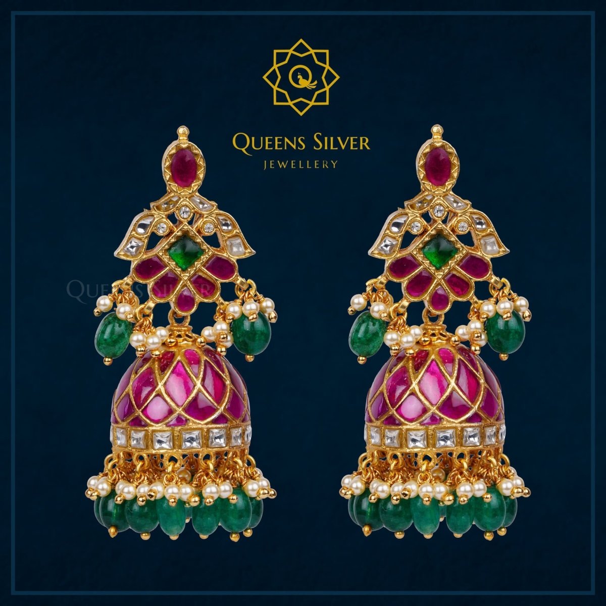 Kundan Jhumkas QSKJ0008 - queens silver jewellery