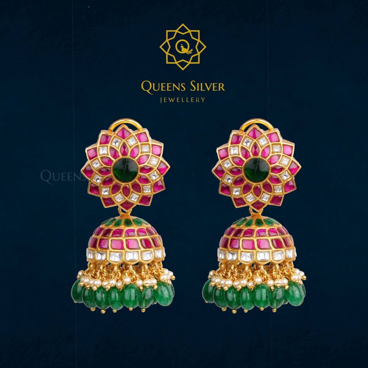 Kundan Jhumkas QSKJ0010 - queens silver jewellery