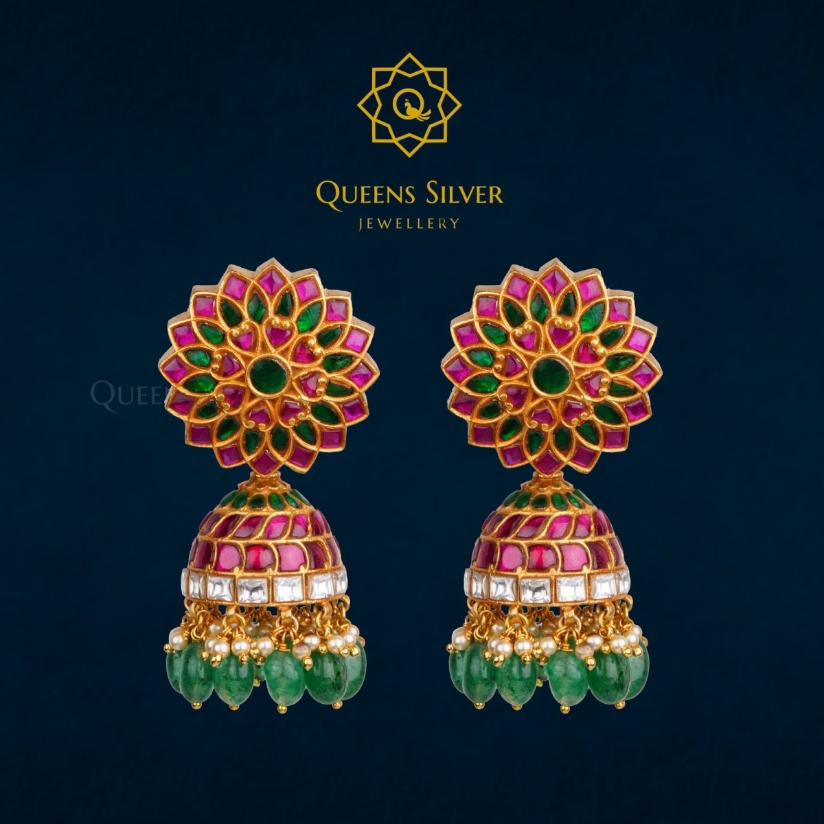 Kundan Jhumkas QSKJ0011 - queens silver jewellery