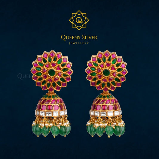 Kundan Jhumkas QSKJ0011 - queens silver jewellery