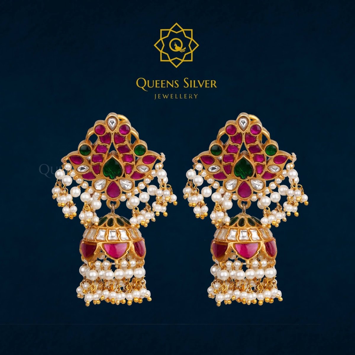 Kundan Jhumkas QSKJ0012 - queens silver jewellery