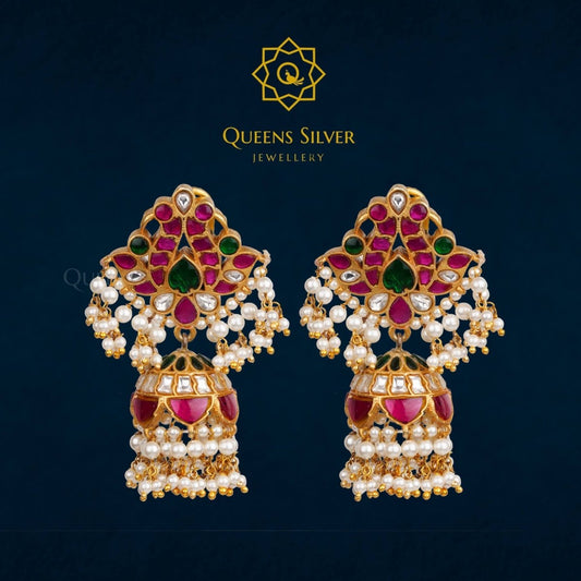 Kundan Jhumkas QSKJ0012 - queens silver jewellery