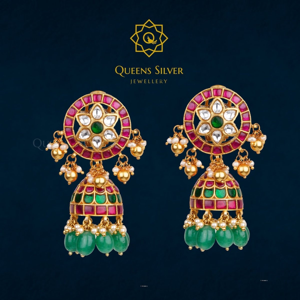 Kundan Jhumkas QSKJ0014 - queens silver jewellery