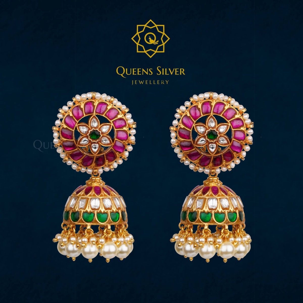 Kundan Jhumkas QSKJ0015 - queens silver jewellery