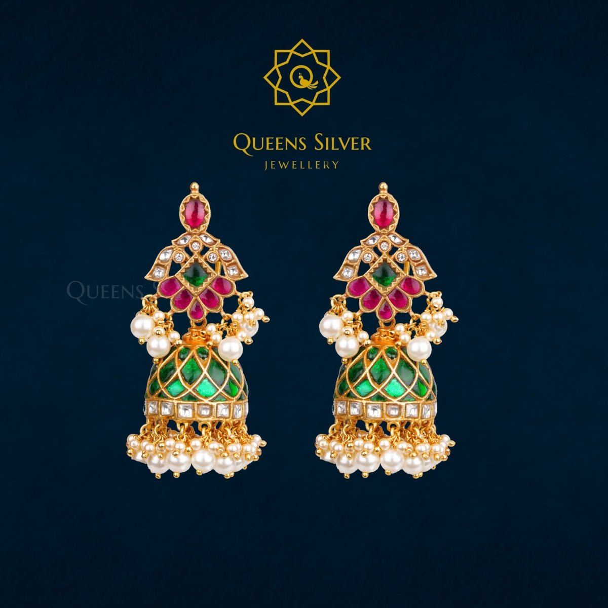 Kundan Jhumkas QSKJ0038 - Queen Silver Jewellery