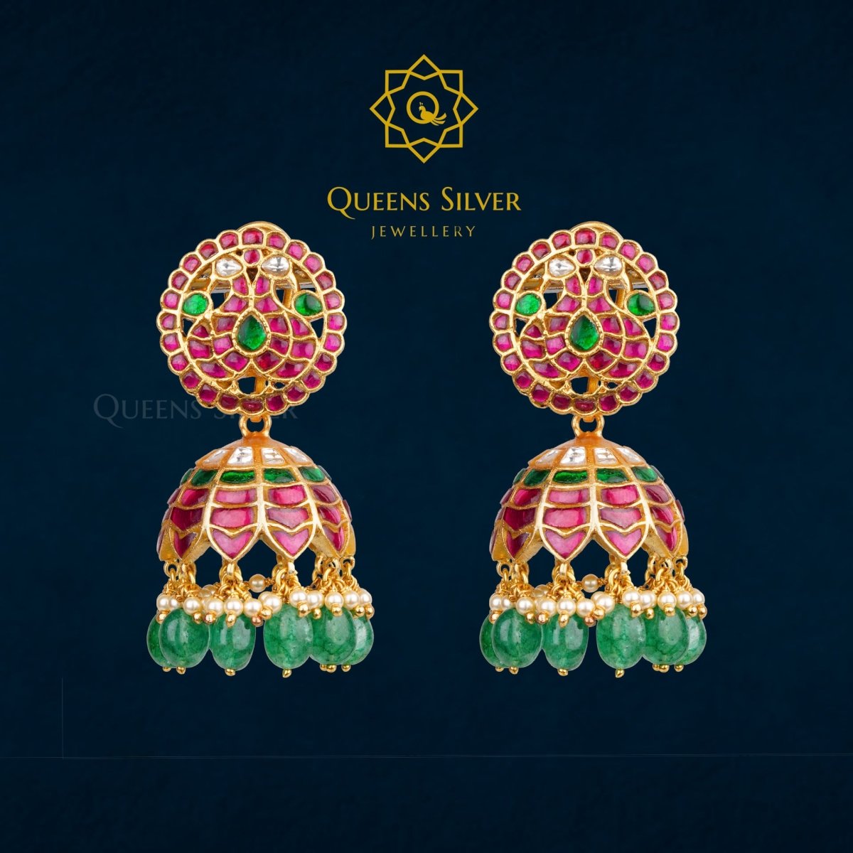 Kundan Jhumkas QSKJ0039 - Queen Silver Jewellery