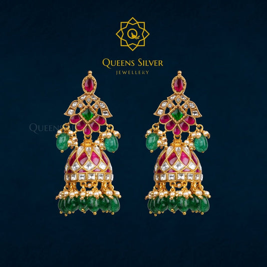 Kundan Jhumkas QSKJ0040 - Queen Silver Jewellery