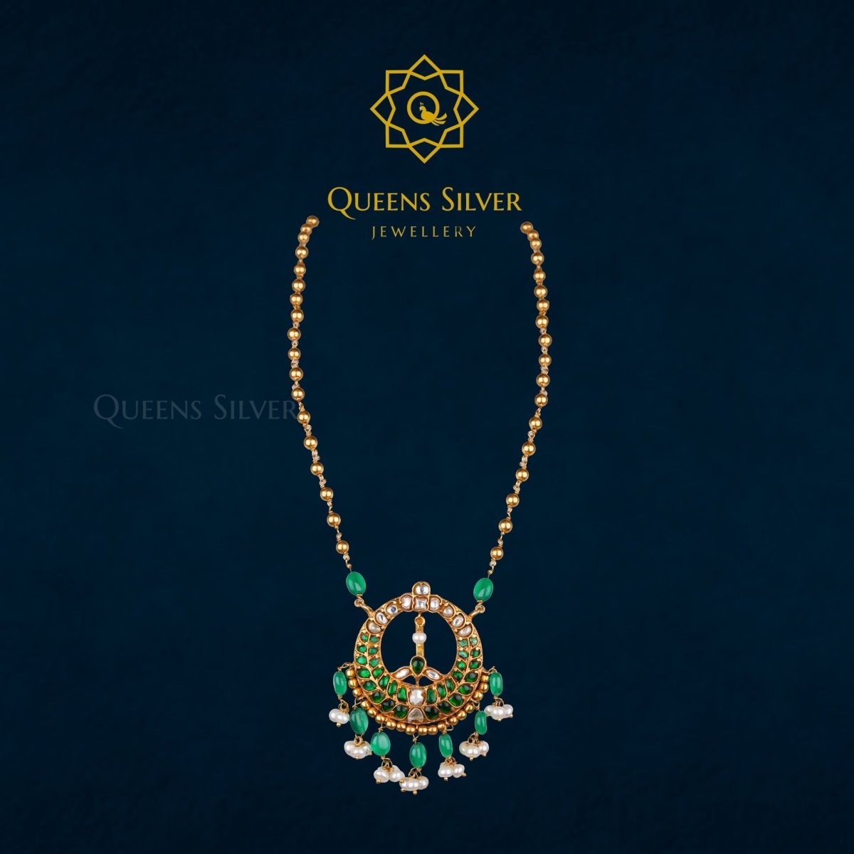 Kundan Pendant with Gold Balls Chain QSKPWGBC0001 - Queen Silver Jewellery