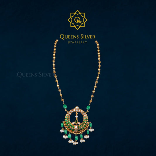 Kundan Pendant with Gold Balls Chain QSKPWGBC0001 - Queen Silver Jewellery