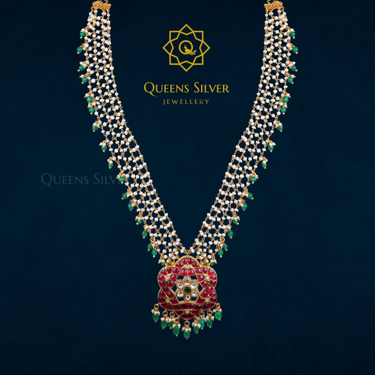 KUNDAN PENDANT WITH PEARLS QSKPWB0003 - Queen Silver Jewellery