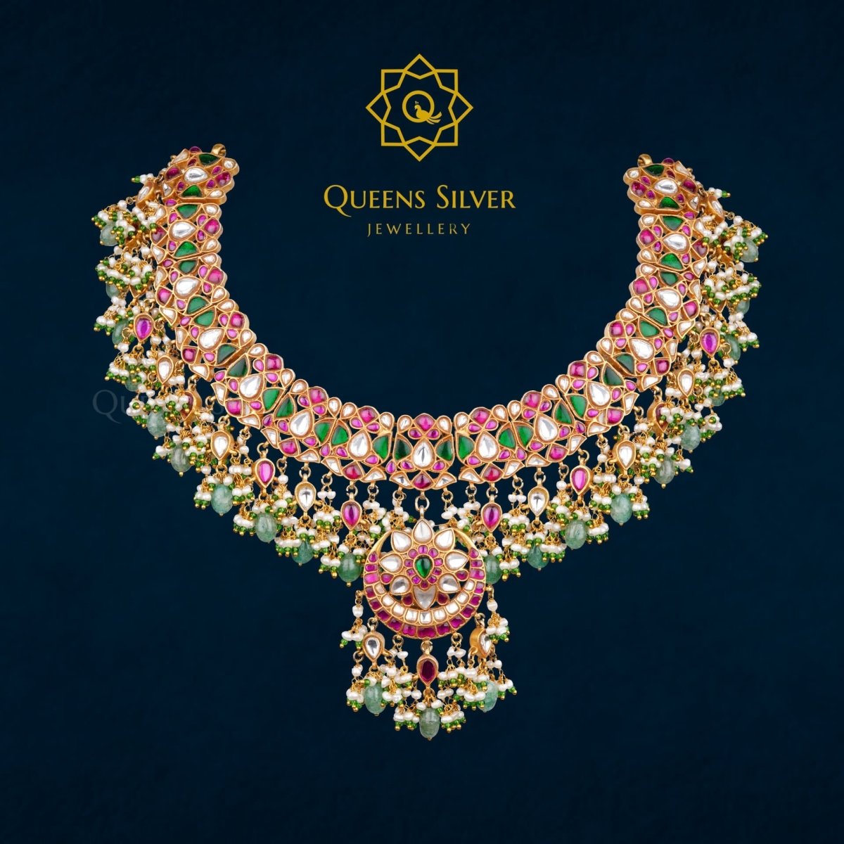 Kundan Short Necklace QSKSN0001 - queens silver jewellery