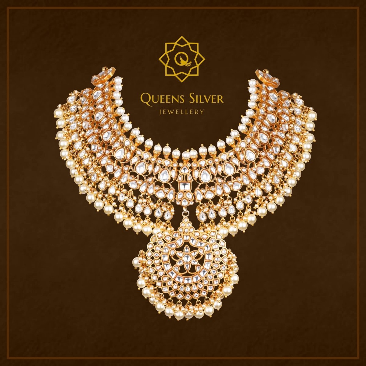 Kundan Short Necklace QSKSN0004 - queens silver jewellery