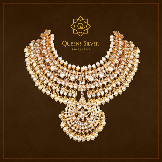 Kundan Short Necklace QSKSN0004 - queens silver jewellery