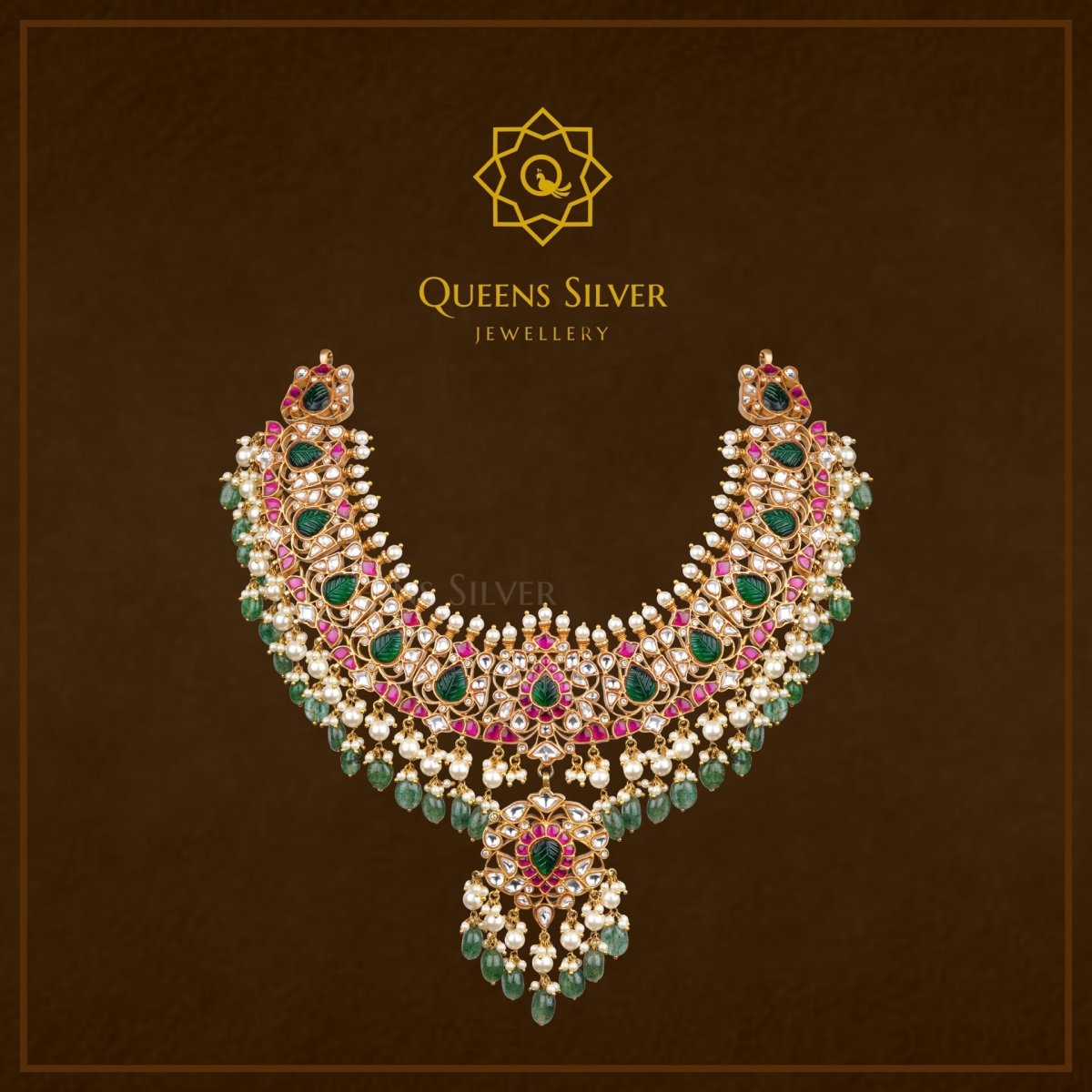 Kundan Short Necklace QSKSN0007 - Queen Silver Jewellery