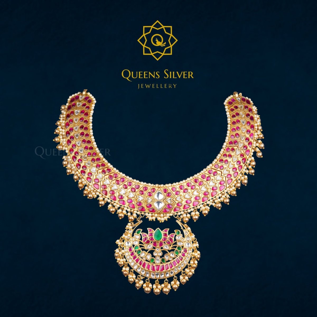 Kundan Short Necklace QSKSN0008 - Queen Silver Jewellery