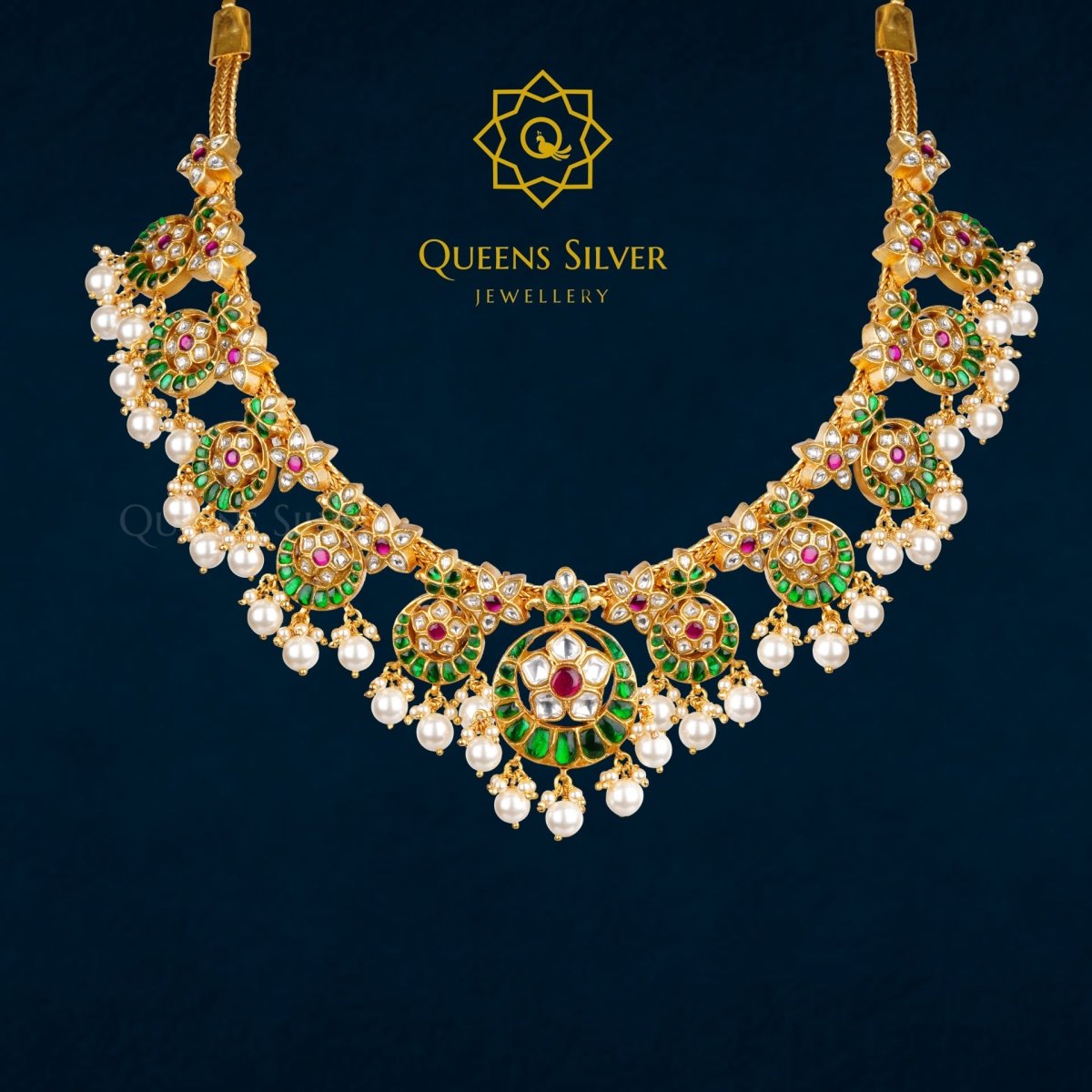 Kundan Short Necklace QSKSN0010 - Queen Silver Jewellery