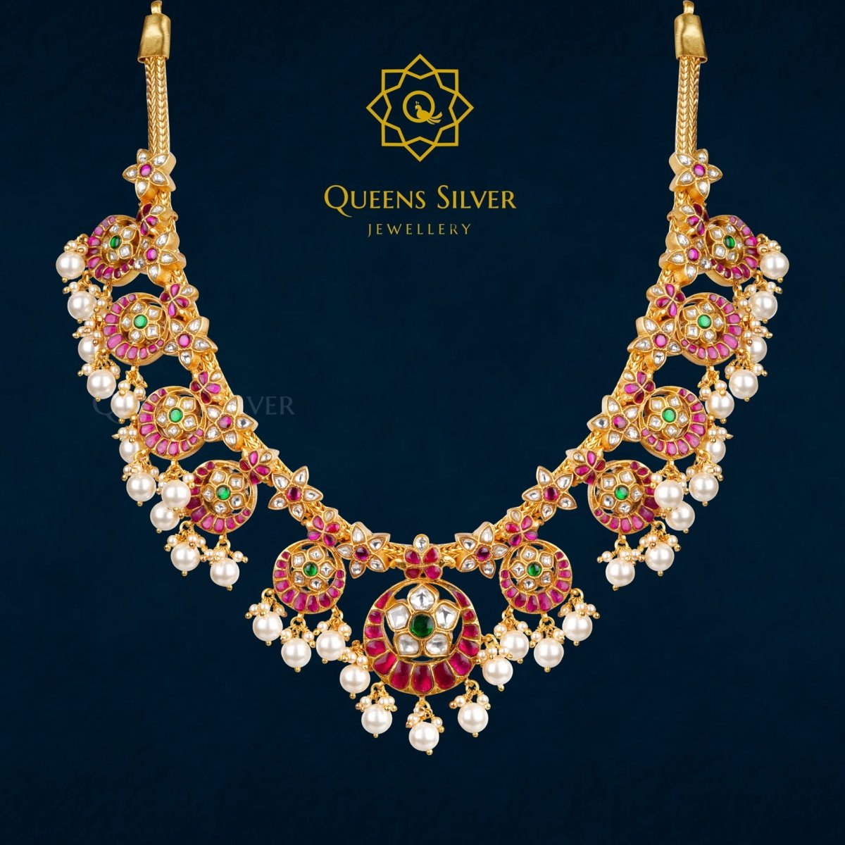 Kundan Short Necklace QSKSN0011 - Queen Silver Jewellery