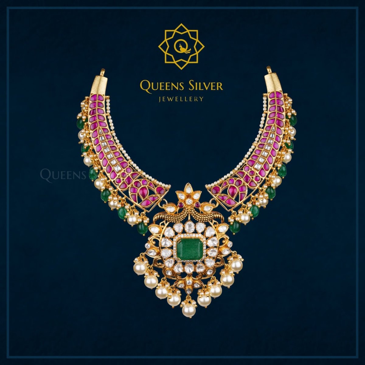 Moissanite and Kundan Short Necklace QSMK0001 - Queen Silver Jewellery