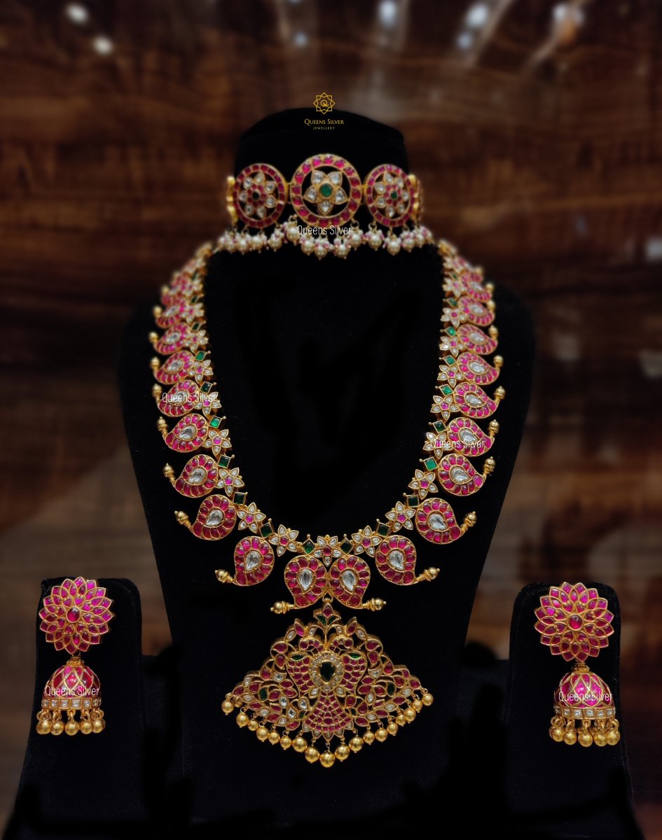 Kundan Mango Mala Necklace Set - www.queenssilverjewellery.com